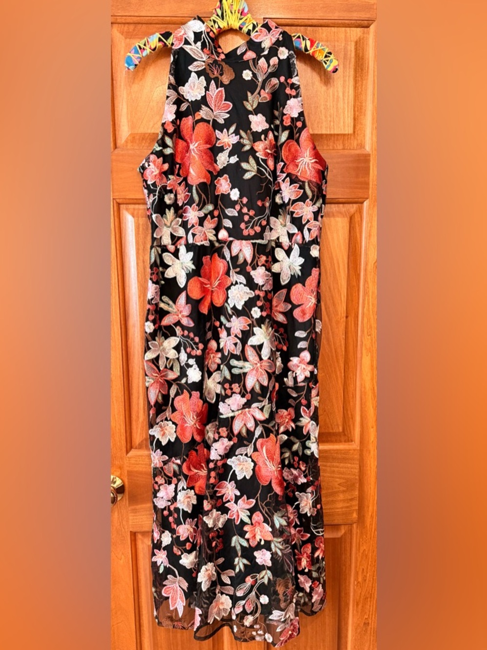 Sam Edelman Black Maxi Dress with Hibiscus Coral & White Floral Embroidery 12